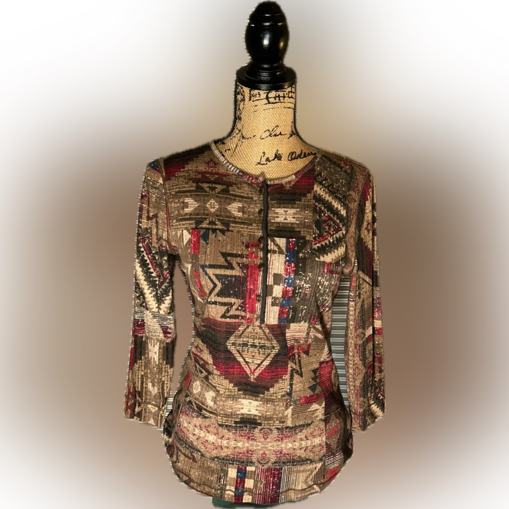 LRL Ralph Lauren Southwestern Aztec Cowgirl Cotton Henley Shirt M Quiet Luxury